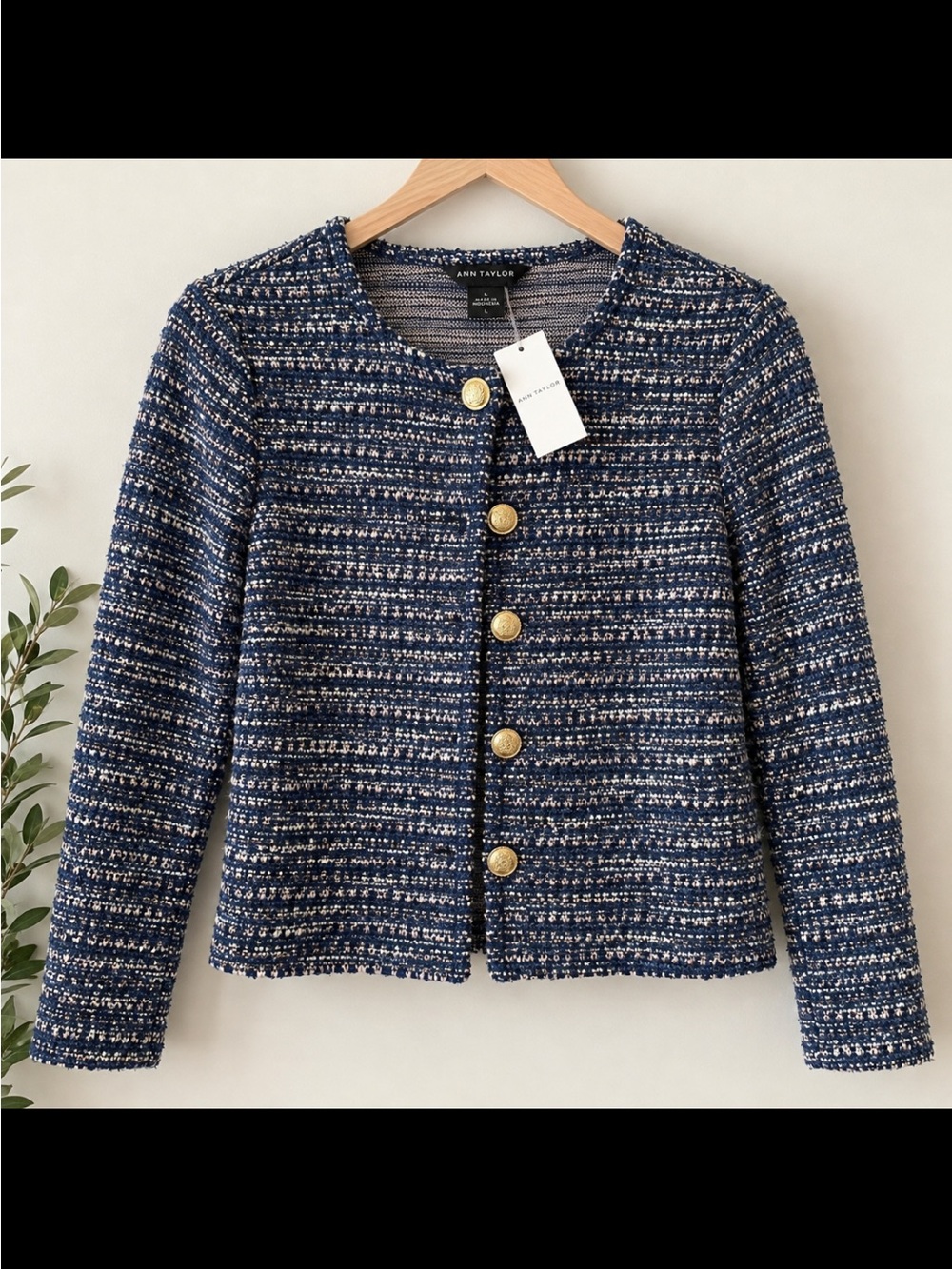 Ann Taylor Blue Tweed Gold-Button Cropped Jacket